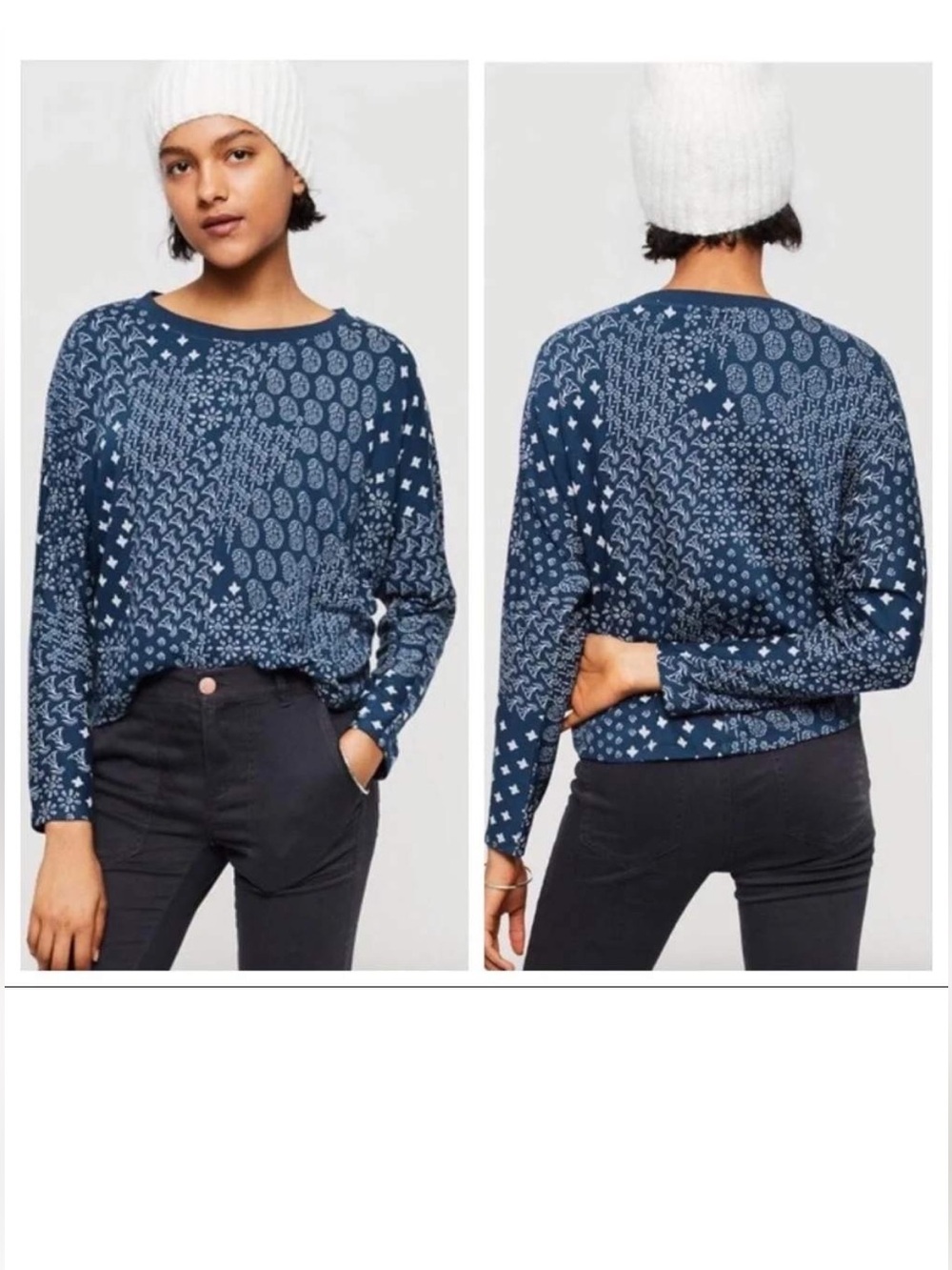 Lou & Grey Patchwork Dolman Crop Top Sz XS w MEASUREMENTS Navy Bandana Print